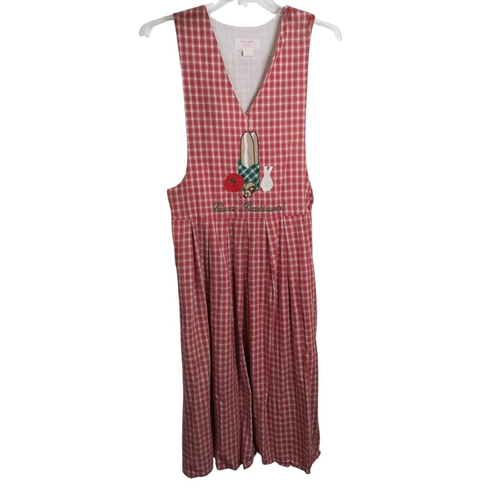 Women’s Red Gingham Midi Pinafore Dress with Embroidered baguette